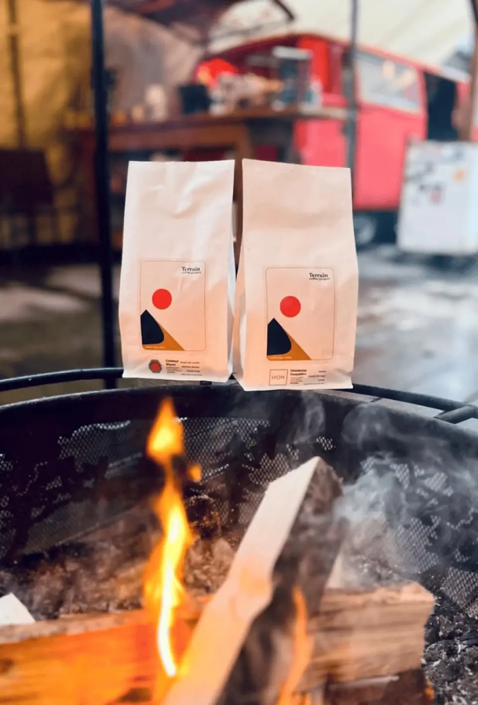 camp fire with coffee bags